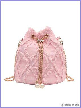 Denim Quilted Drawstring Bucket Crossbody Bag for Women
